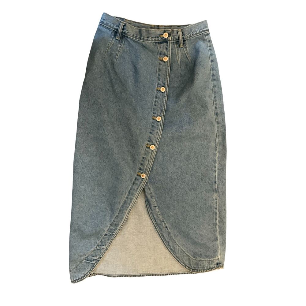 Vintage 90s No Excuses Denim Midi Skirt Button Front High Waist Size M 13/14 27"